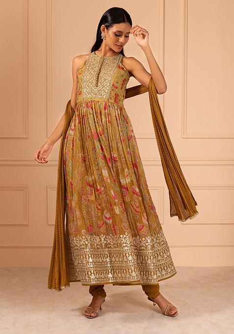 Yellow Floral Print Anarkali Suit Set With Churidar And Dupatta