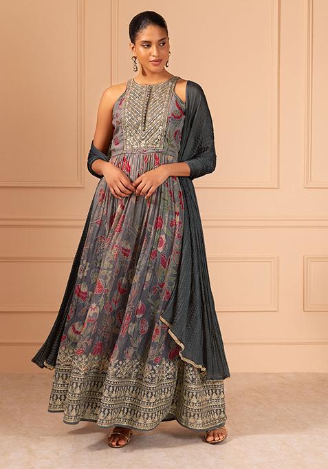 Grey Floral Print Embroidered Anarkali Suit Set With Churidar And Dupatta