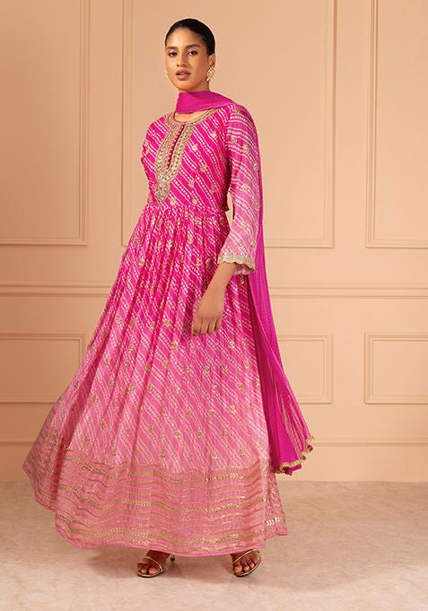 Pink Bandhani Print Embroidered Anarkali Suit Set With Churidar And Dupatta