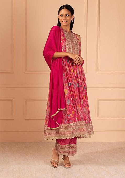 Dark Pink Floral Print Anarkali Suit Set With Pants And Dupatta