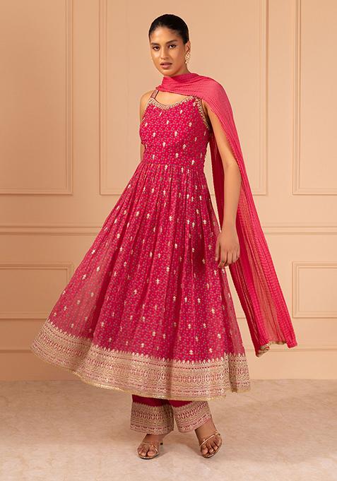 Berry Pink Boota Print Embroidered Anarkali Suit Set With Pants And Dupatta
