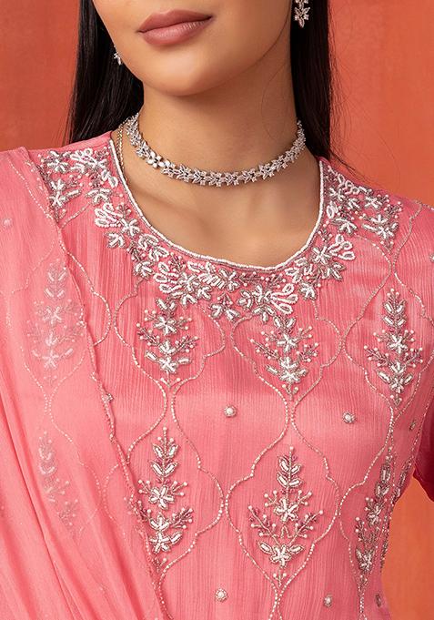 Women Pink Floral Sequinned Embroidered Kurti With Tiered Sharara & Dupatta