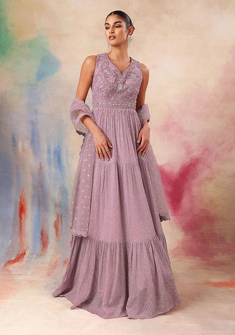 Mauve Sequin Thread Embroidered Anarkali Gown With Dupatta