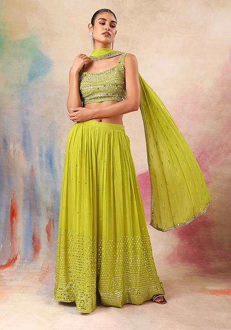 Lime Yellow Sharara Set With Mirror Embroidered Blouse And Dupatta