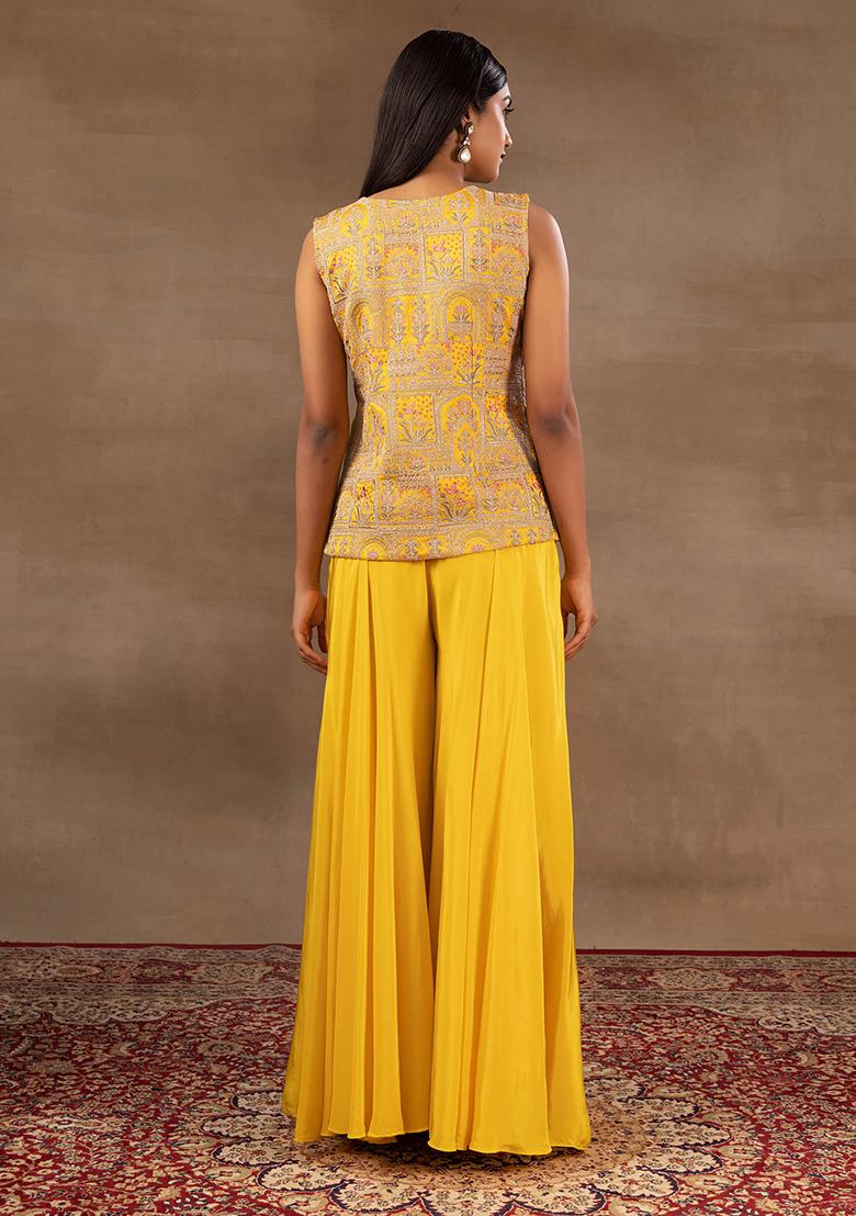 Yellow readymade suit with mirror embroidered crop top,sharara pants &  mirror & sequin embroidery bell sleeve long shrug