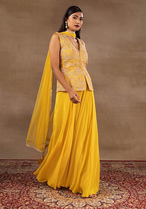 Yellow Sharara Set With Short Embroidered Peplum Kurta And Dupatta