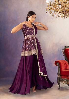 Wine Sharara And Embroidered Peplum Kurta Set With Dupatta And Belt