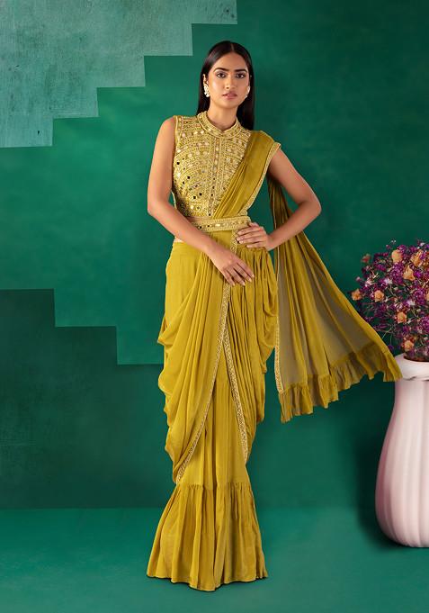 Lime Yellow Sharara And Mirror Embroidered Blouse Set With Attached Drape And Belt