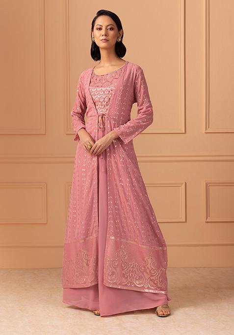 Dull Pink Sharara Set With Sequin Embroidered Blouse And Jacket
