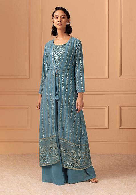 Teal Sharara Set With Sequin Embroidered Blouse And Jacket
