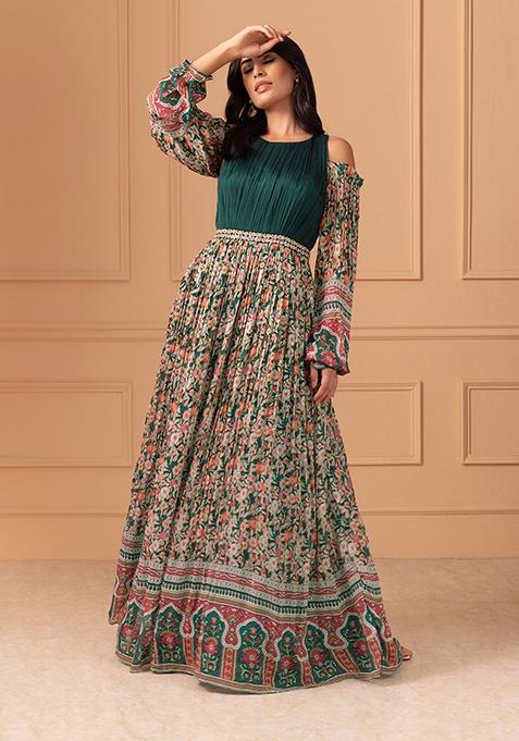 Deep Green Floral Print Flared Sleeve Gown