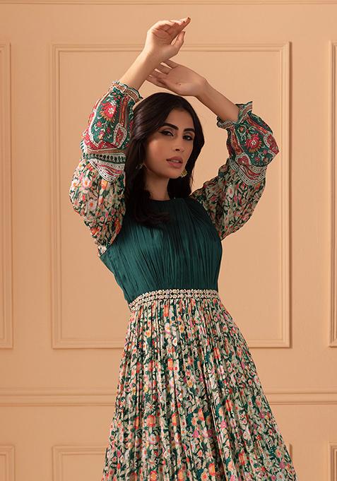 Buy Women Deep Green Floral Print Flared Sleeve Gown - Jewel Tones - Indya