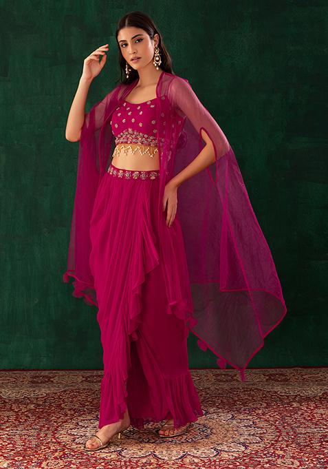 Hot Pink Lehenga Set With Embroidered Blouse And Mesh Jacket