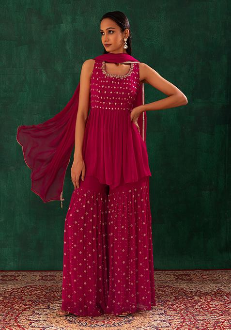Dark Pink Sequin And Bead Embroidered Sharara Set With Kurta And Dupatta
