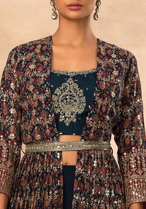 Blue Printed Thread Embroidered Straight Cotton Spaghetti Top, Jacket and Palazzo Set