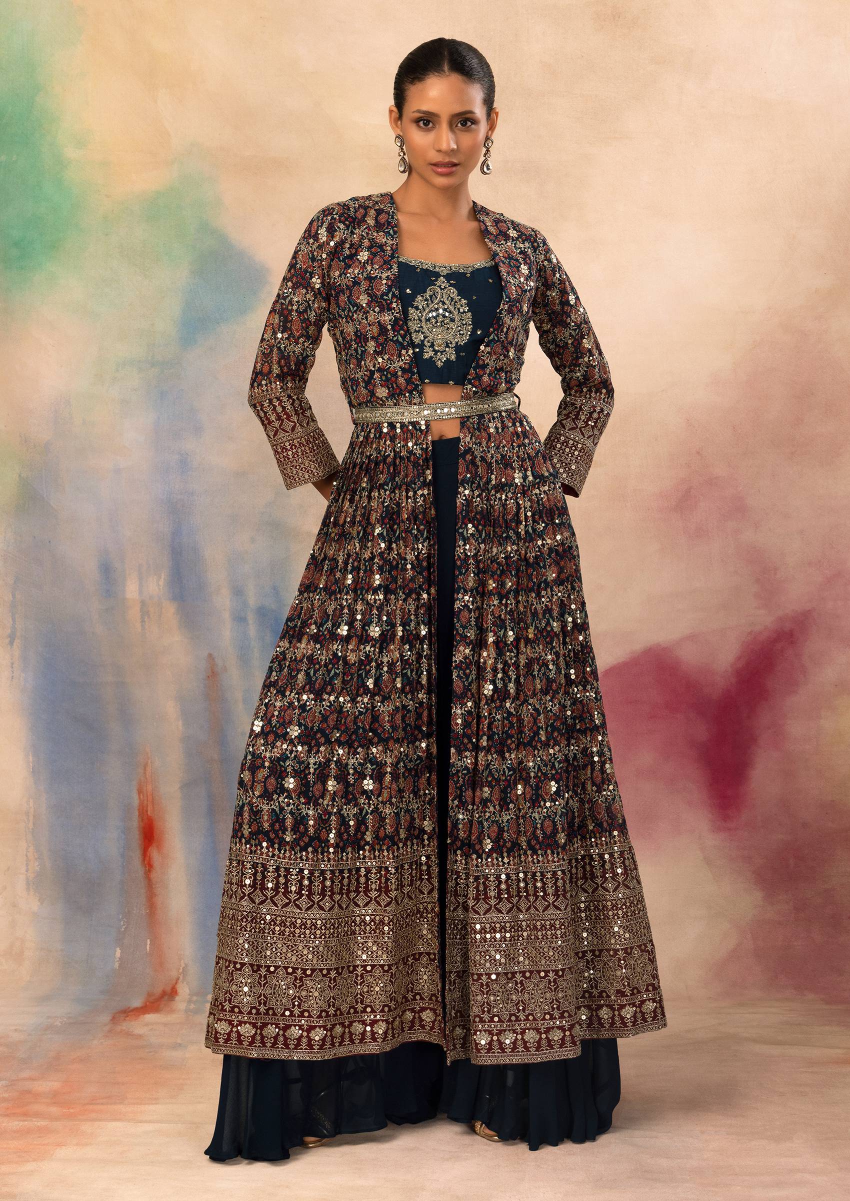 Beautiful Jacket style Long Dress with modern silhouettes and traditional  embellishments.