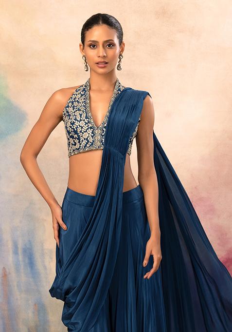 Sage Green Tissue Beads Embroidered Crop Top with Flared Cape and Flared Palazzo Set