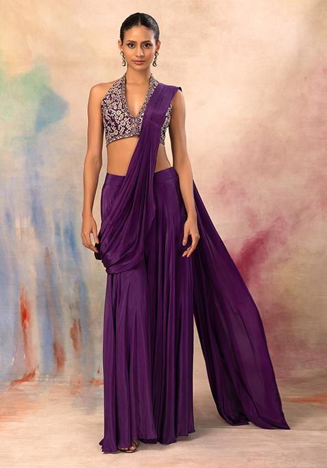 Purple Flared Palazzo Set With Embroidered Blouse And Attached Drape