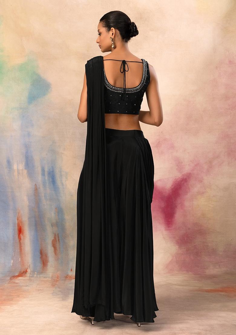 Black Flared Palazzo Set With Embroidered Blouse And Attached Drape - Indya