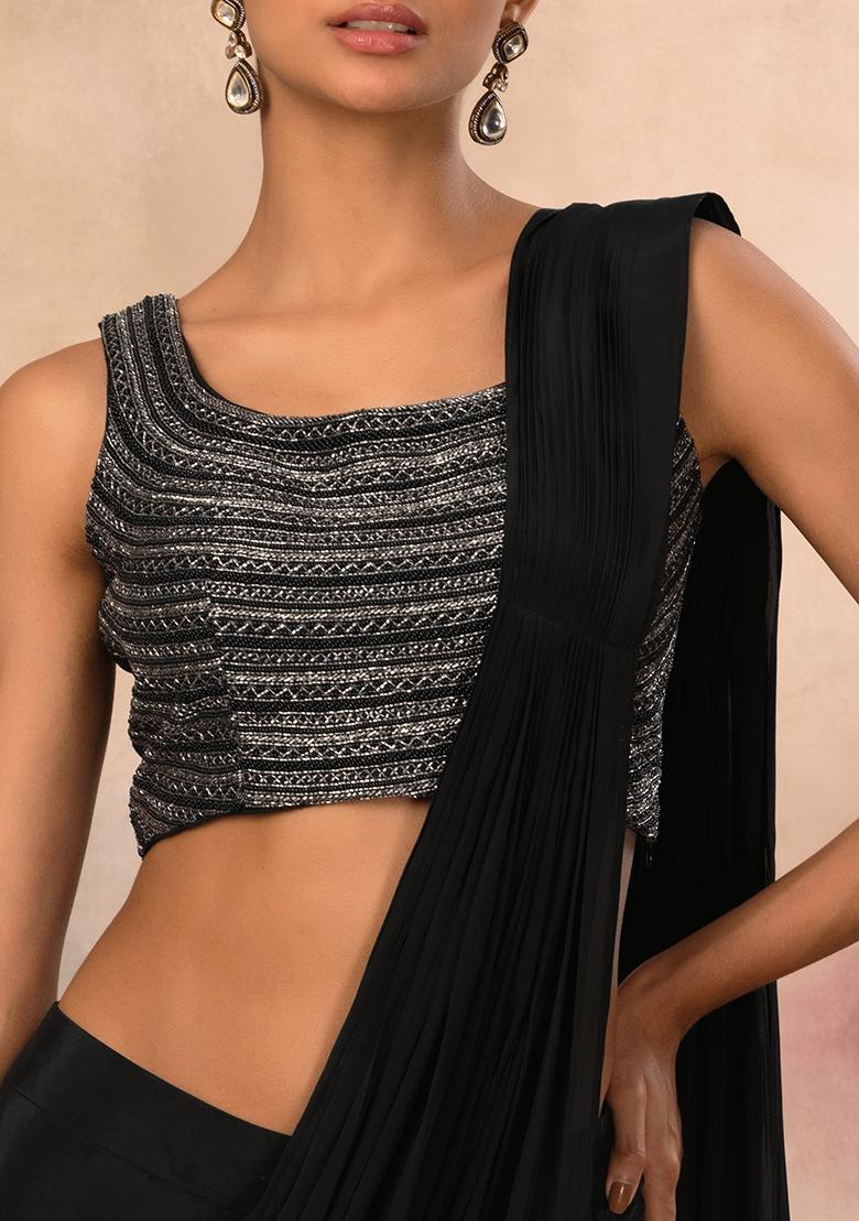 Black Flared Palazzo Set With Embroidered Blouse And Attached Drape - Indya