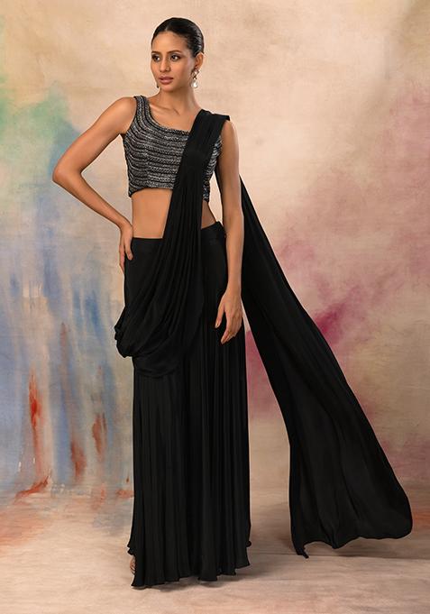 Black Flared Palazzo Set With Embroidered Blouse And Attached Drape