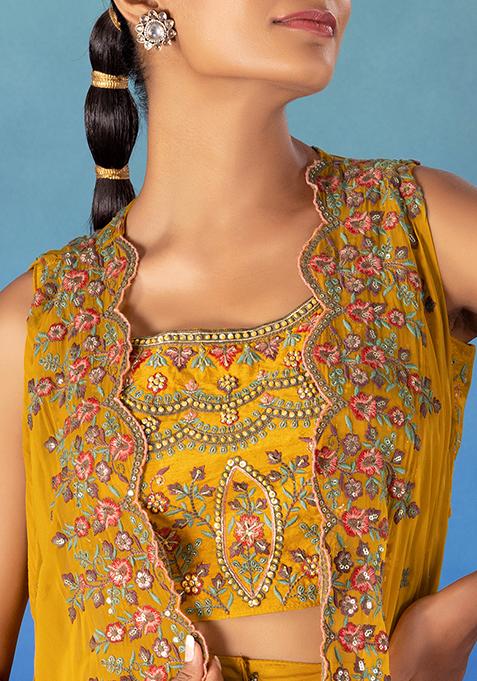 Buy Women Mustard Yellow Embroidered Jacket Set With Embroidered Blouse ...