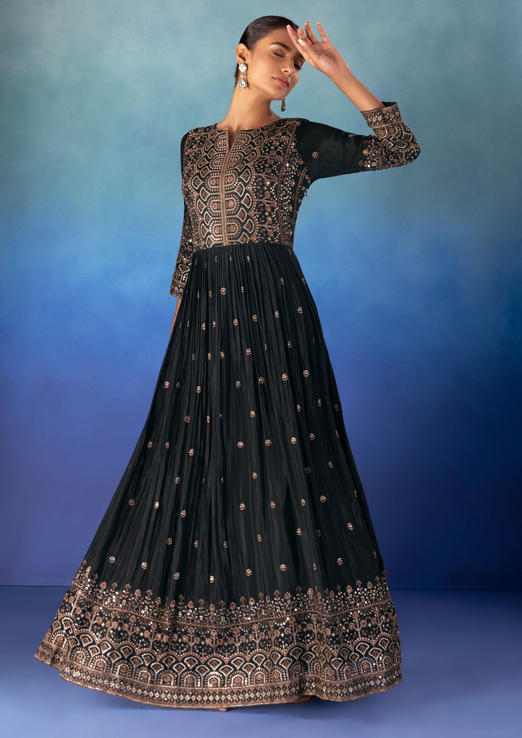 Black Color Georgette fabric fully flared full Sleeve Long Anarkali Gown  for Women and Girls