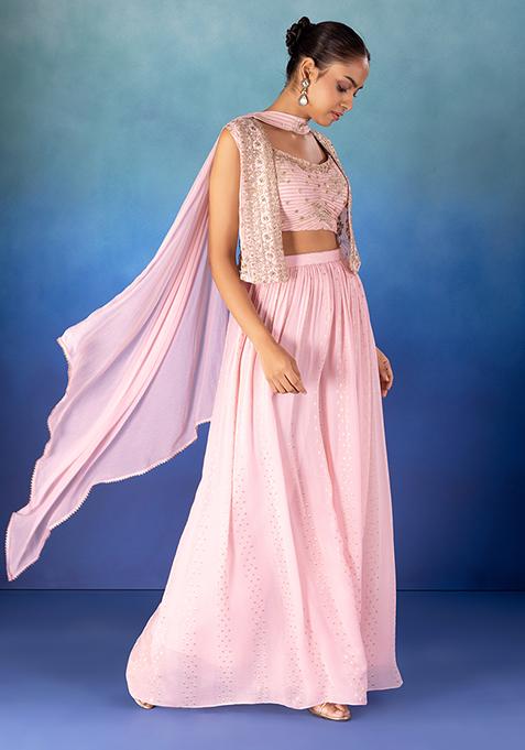 Pastel Pink Sharara And Embroidered Blouse Set With Dupatta And Belt