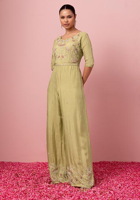 Lime Green Floral Embroidered Jumpsuit With Belt