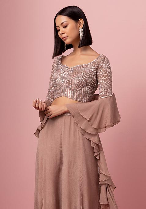Women Baby Pink Pure Cotton Round Neck Crop Top With Palazzo And Cape main image 1
