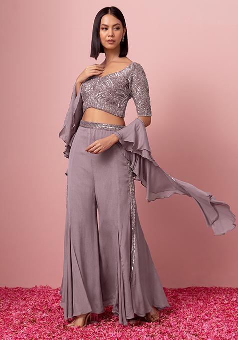 Mauve Palazzo Set With Sequin Embroidered Blouse And Ruffled Dupatta