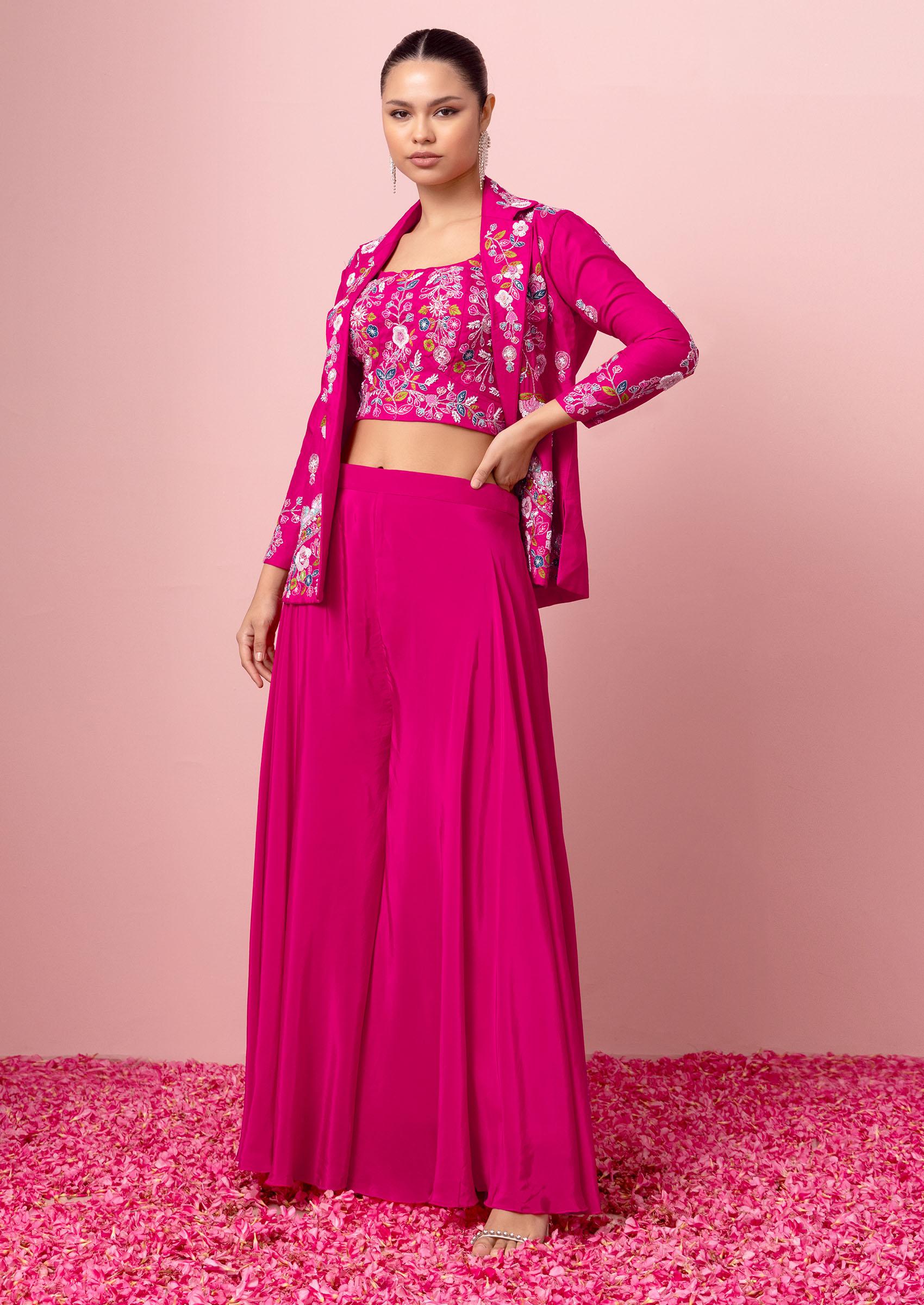 Buy Midnight Blue Palazzo Suit And Long Jacket With Ruffle Sleeves And Jaal  Embroidered Crop Top Online - Kalki Fashion