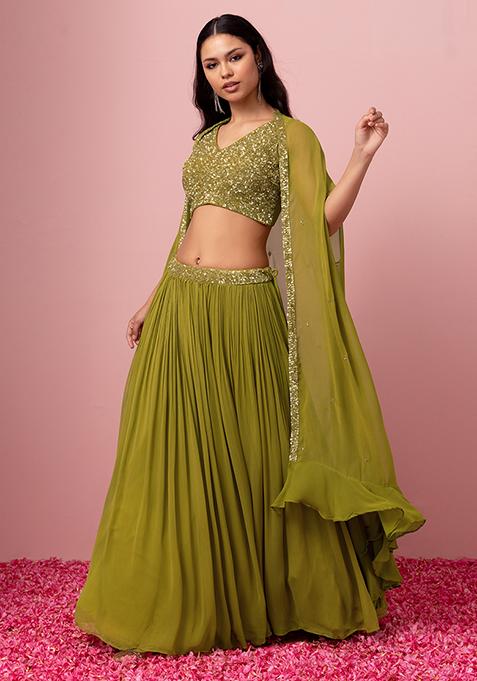 Green Lehenga Set With Sequin Embroidered Blouse And Jacket