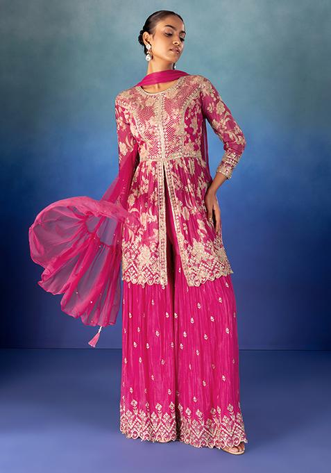 Pink Sharara Set With Sequin Boota Embroidered Kurta And Dupatta