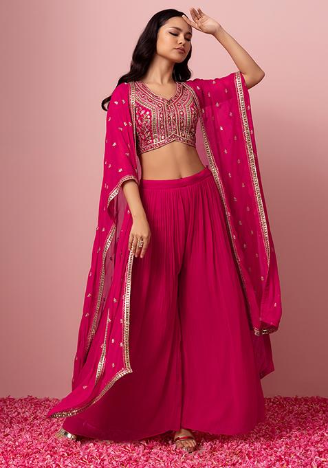 Hot Pink Palazzo Set With Thread Embroidered Blouse And Jacket
