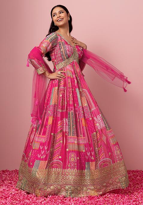 Pink Digital Print Embellished Anarkali Gown With Dupatta
