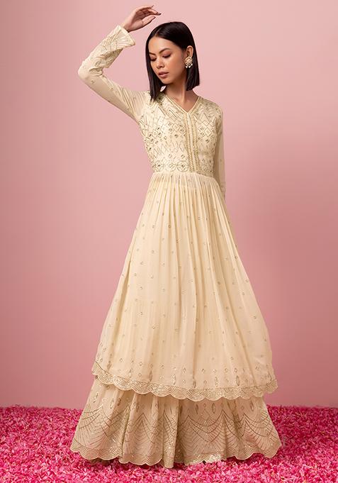 Off White Sequin Embroidered Sharara Set With Embroidered Kurta And Mesh Dupatta