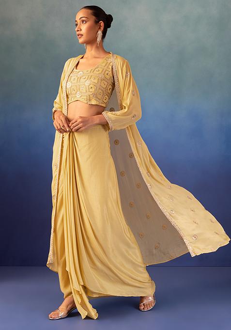 Yellow Sequin Boota Embroidered Jacket Set With Embroidered Blouse And Dhoti Skirt