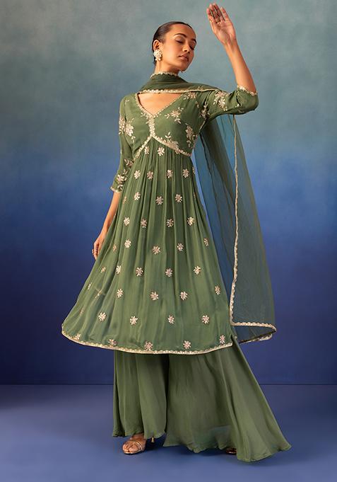 Green Sharara Set With Sequin Zari Embroidered Kurta And Dupatta