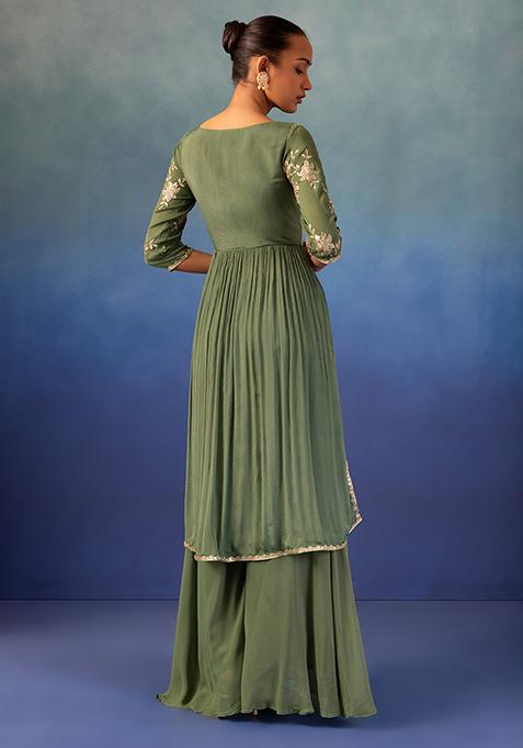 Olive Greenembroidered Short Kurta And Frill Sharara With Mukaish Net Dupatta main image 0
