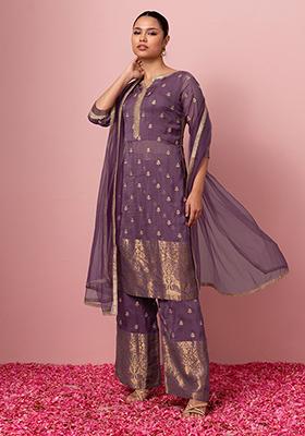 Mauve Sequin Boota Embroidered Kurta Set With Palazzo And Dupatta