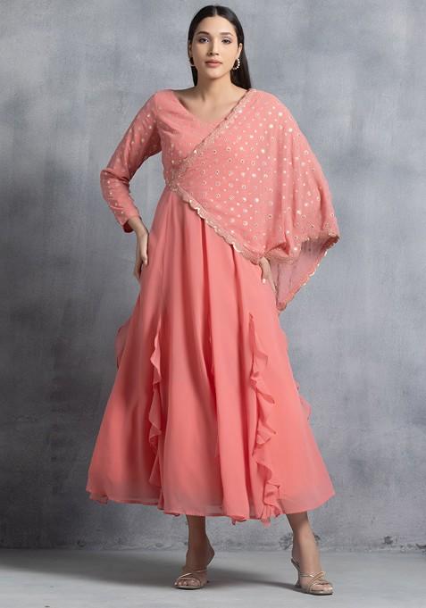 Dusty Pink Mirror And Sequin Embroidered Anarkali Gown With Attached Drape