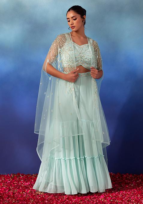 Seafoam Sharara Set With Sequin Embroidered Blouse And Embellished Dupatta