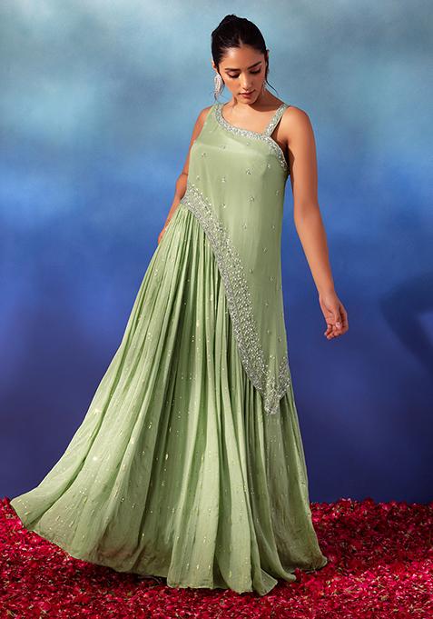 Moss Green Hand Embroidered One Shoulder Gown