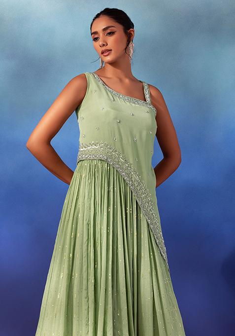 Buy Women Moss Green Hand Embroidered One Shoulder Gown - ILK00676 ...
