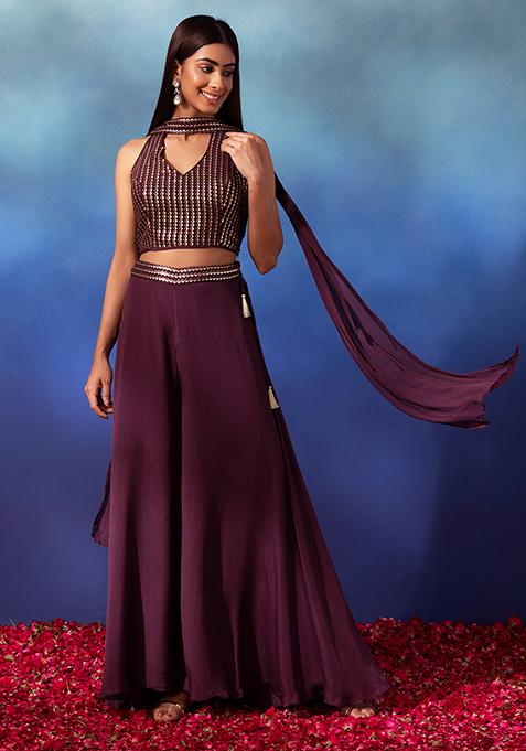 Dark Purple Sharara Set With Sequin Embroidered Blouse And Dupatta
