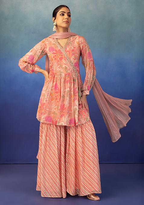 Pastel Pink Multicolour Striped Sharara Set With Floral Print Kurta And Dupatta