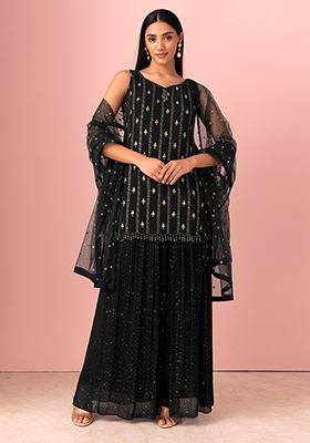 Black Sequin Sharara Set With Zari Embroidered Kurta And Dupatta