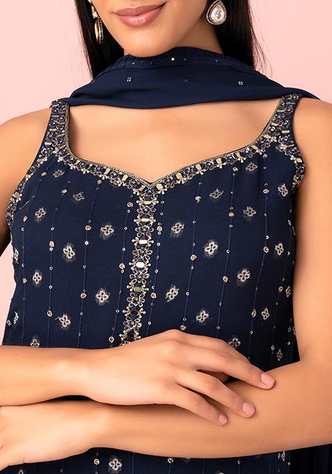 Navy Blue Resham & Gotta Patti Embroidery Kurta Sharara Set with Net Dupatta & Tassels