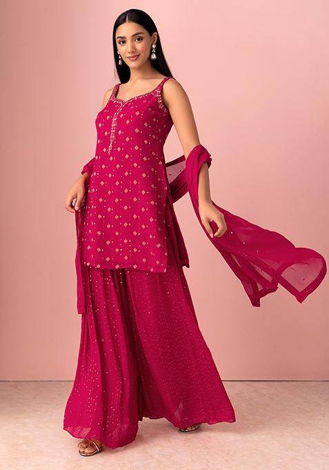 Dark Pink Sequin Sharara Set With Zari Embroidered Kurta And Dupatta